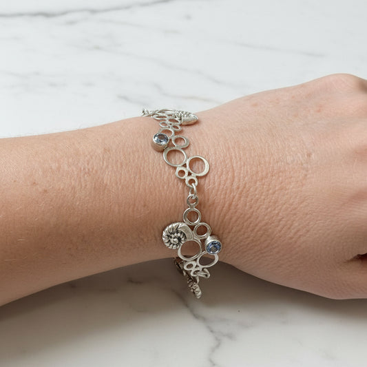 Artisan-Made .925 Silver Bracelet with Aquamarine & Shell Accents