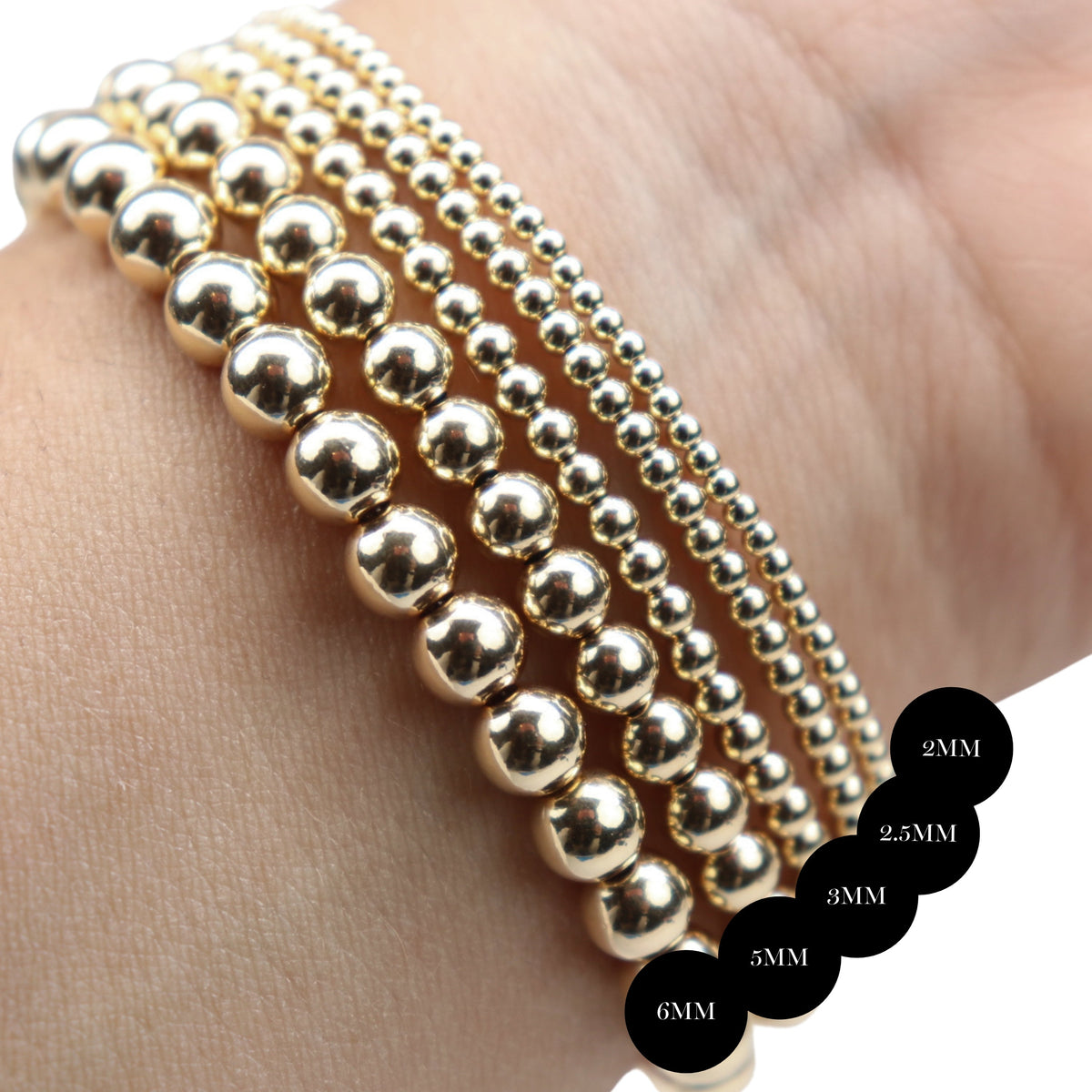 Stretchy Gold-Fill Beaded Bangle Bracelets, 14/20 Gold-Filled, 6.5" Diameter - Clay Revolution