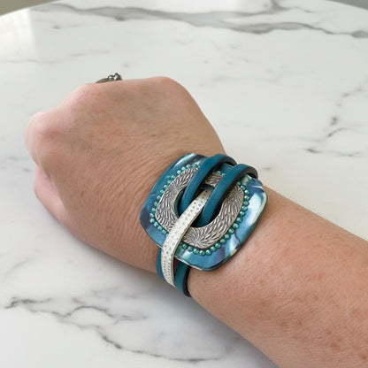 Artisan White Bronze & Leather Statement Bracelet