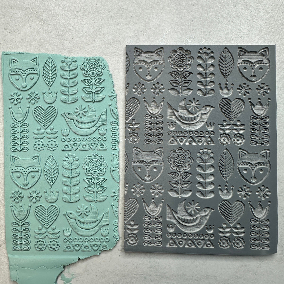 Fox Folk Art Polymer Clay Stamp – 3x4 Inch Rubber Texture - Clay Revolution