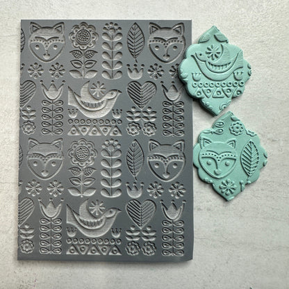 Fox Folk Art Polymer Clay Stamp – 3x4 Inch Rubber Texture - Clay Revolution