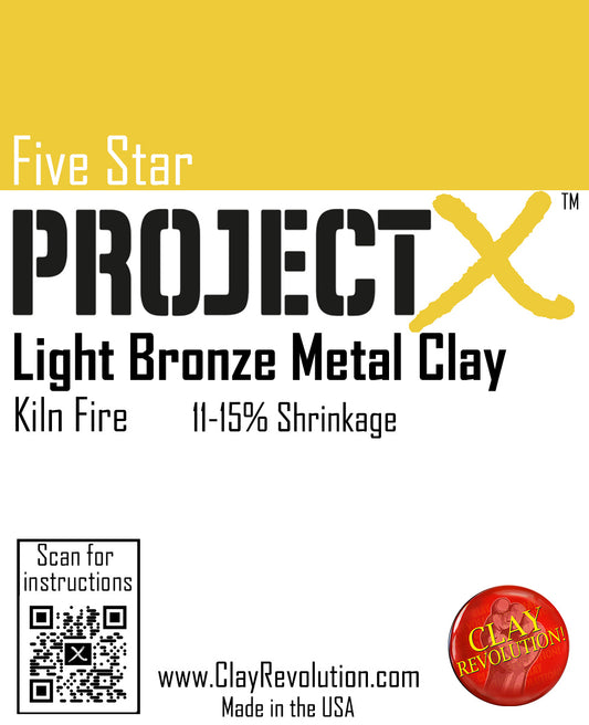 Packaging for Project X Light Bronze Metal Clay by Five Star Clay Revolution, indicating the product is made in the USA and has a standard shrink rate of 11-15%.